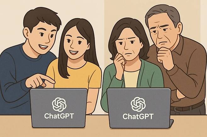 챗GPT는 ‘생각하는 존재’가 아니라 수많은 글을 학습해 그중에서 가장 자연스럽게 이어질 말을 ‘예측하는 기술’이다. 그림은 생성형 인공지능 챗지피티에 ‘챗지피티를 잘 사용하는 20대 젊은 남녀의 모습과 어떻게 사용할지 몰라서 고민하는 50대의 남녀 모습을 한 화면에 넣어달라’는 지시어를 사용해 얻은 이미지. 곽노건