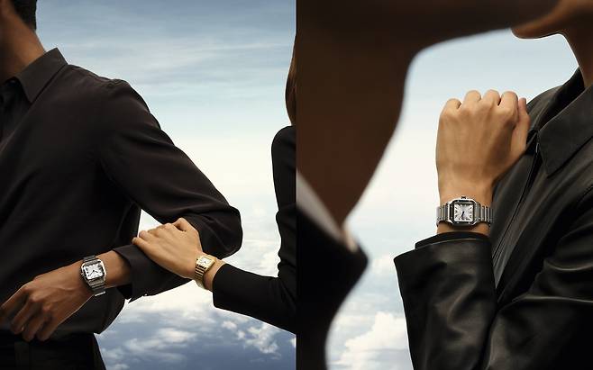 남녀 모두 착용가능한 산토스 드 까르띠에 스몰 모델. © Julien Thomas Hamon 사진 까르띠에