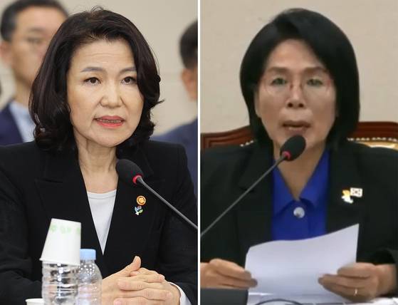 이진숙 방송통신위원장이 27일 국회 과학기술정보방송통신위원회 전체회의에 참석해 있다. 오른쪽은 이 위원장에게 "끼어들지마라"고 말하고 있는 최민희 과학기술정보방송통신위원회 위원장. 연합뉴스