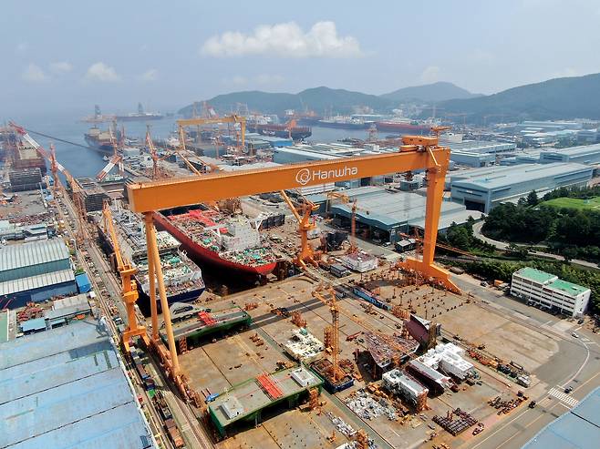 An aerial view of Hanwha Ocean's shipyard in Geoje, South Gyeongsang [HANWHA OCEAN]