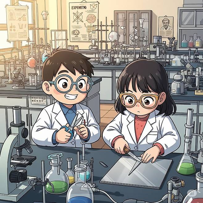 실험실에서 실험재료를 가위와 칼로 썰고 자르는 귀여운 꼬마 과학자들의 모습을 구글 Gemini로 그려보았다. 코파일럿보다 말을 잘 듣는다.