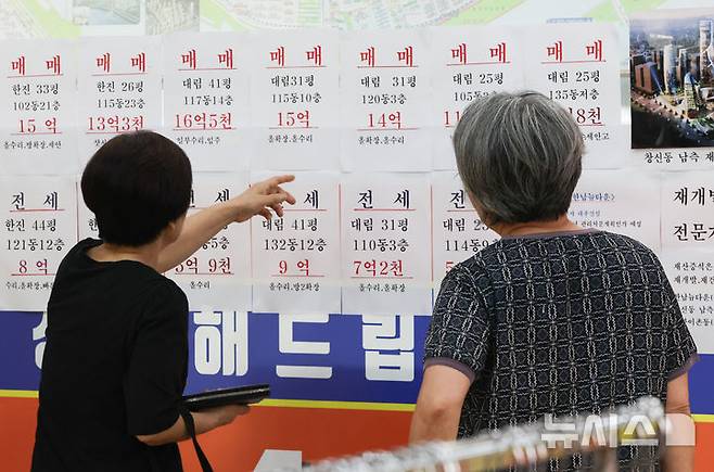 [서울=뉴시스] 황준선 기자 = 26일 서울 성동구의 한 부동산에 아파트 매물 광고가 게시돼 있다. 2025.06.26. hwang@newsis.com