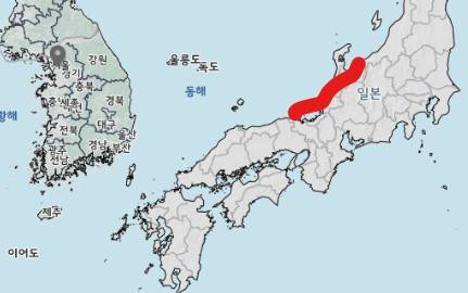 붉은 색이 효고현(좌측끝)∼도야마현(우측끝) 잇는 선 [연합뉴스]