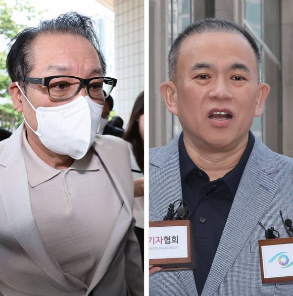 6월23일 정치자금법 위반 혐의 재판에 출석하기 위해 서울남부지방법원으로 향하고 있는 '건진법사' 전성배씨(왼쪽 사진)와 윤석열 전 대통령 부부 공천 개입 의혹 관련 조사를 받기 위해 4월29일 서울고검으로 출석한 명태균씨 ⓒ연합뉴스·시사저널 박정훈