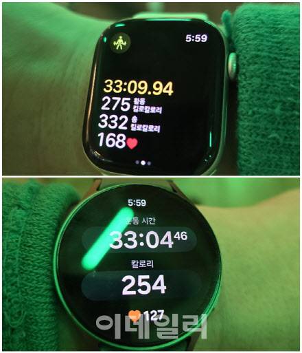 위는 애플워치10, 아래는 갤럭시워치7(사진=윤정훈 기자)