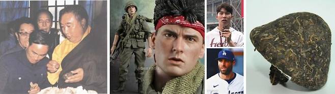 왼쪽부터 티벳 10대 판첸라마가 반선긴차를 들고 있는 모습, 영화 플래툰의 주인공 크리스 테일러, MLB 김혜성(키움 소속 시절)과 크리스 테일러 선수, 티벳 반선긴차. [사진=유영현 제공]