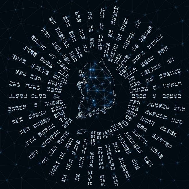 한국과 그 주변을 디지털적으로 묘사한 이미지. 디지털을 상징하는 0과 1이 한국 주위를 둘러싸고 있다. 게티이미지뱅크