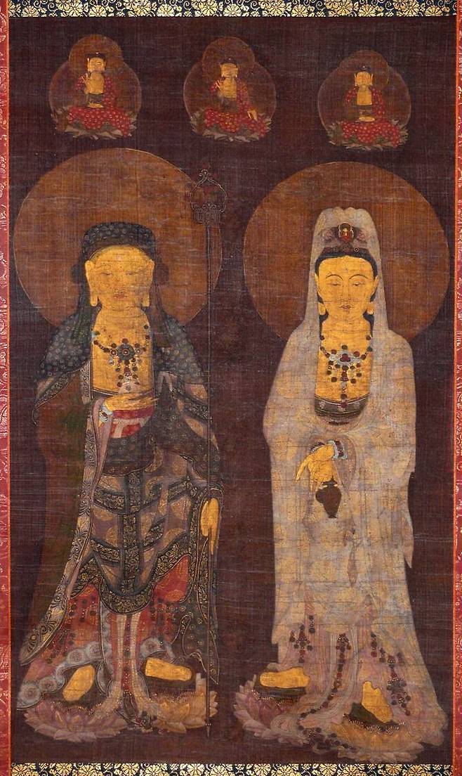 가나아트센터 전시에 나온 ‘관음지장보살병립도’. 고려시대 14세기 후반 작으로 추정되며 비단 위에 정성스럽게 선묘를 한 뒤 색을 입혔다. 가나아트센터 제공