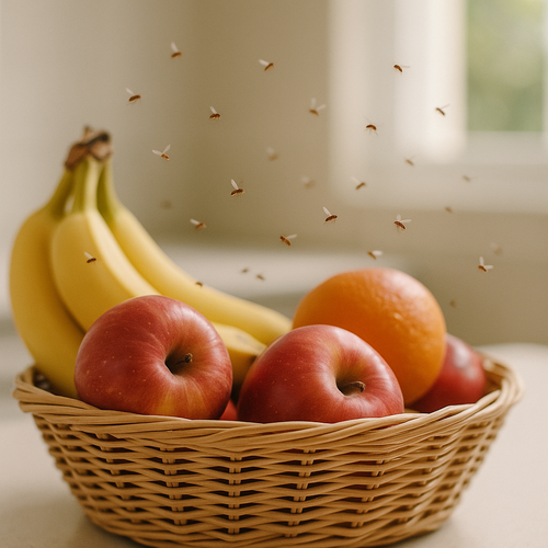 ▲ 과일 바구니 위를 맴도는 초파리들 [챗gpt 생성]