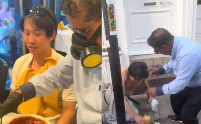 '세계에서 가장 매운 카레'를 한 입 먹은 남성이 식당 밖으로 뛰쳐나간 뒤 거리에 주저앉은 모습이 담긴 영상이 공개돼 논란이 되고 있다. [사진=SNS]