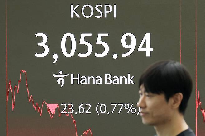 6월 27일 오후 서울 중구 하나은행 본점 딜링룸 현황판에 코스피 지수가 표시돼 있다. / 연합뉴스