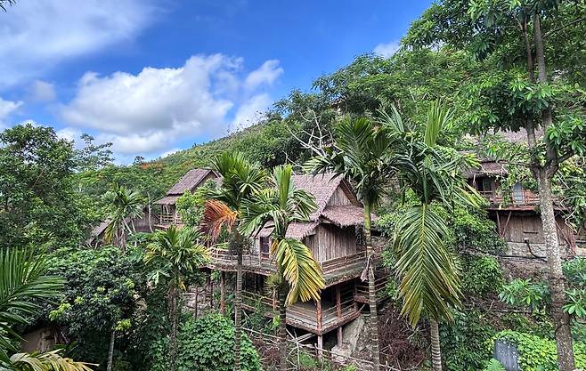 지난 24일 찾은 중국 하이난 바오팅 리족·먀오족 전통문화 마을. 열대림에 전통가옥이 고상식으로 지어져 있다. /하이난(중국)=이은영 특파원