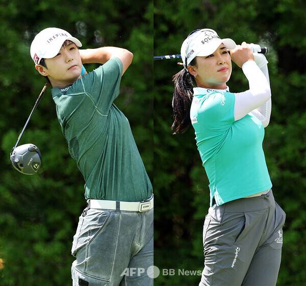2025년 미국여자프로골프(LPGA) 투어 2인 1조 팀 경기인 다우 챔피언 우승 경쟁에 뛰어든 박성현, 윤이나 프로. 사진제공=ⓒAFPBBNews = News1 (사진을 무단으로 사용하지 마십시오)