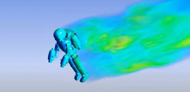공중에 뜬 ‘아이론 큐브3’ 주변의 공기 흐름을 컴퓨터 그래픽으로 표현한 모습. 비행 중 몸통 균형을 잡기 위한 필수적인 자료다. 이탈리아공대 연구진 제공