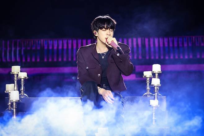BTS member Jin performs on stage during his first solo fan concert ″#RunSeokJin_EP.Tour″ at the Goyang Sports Complex Auxiliary Stadium in Gyeonggi on June 28. [BIGHIT MUSIC]