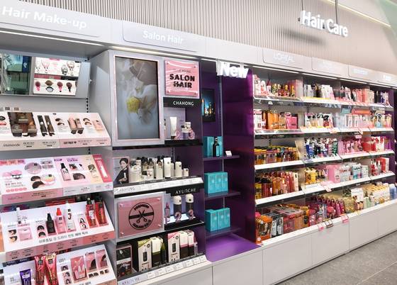 Hair products displayed in a Olive Young store in Mapo District, western Seoul [CJ OLIVE YOUNG]