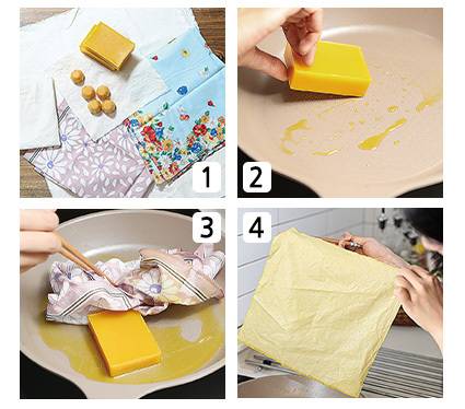 1) 밀랍과 천을 준비한다. ‘밀랍랩 만들기 키트’는 온라인 몰에서 살 수 있다. 2) 프라이팬에 중불로 밀랍을 녹인다. 딱딱했던 밀랍이 금세 액체가 된다. 3) 밀랍을 천에 골고루 묻힌다. 프라이팬에 남은 밀랍은 굳기 전에 닦아낸다. 4) 천 끄트머리를 잡고 밀랍이 흘러내리지 않을 때까지 말린다.