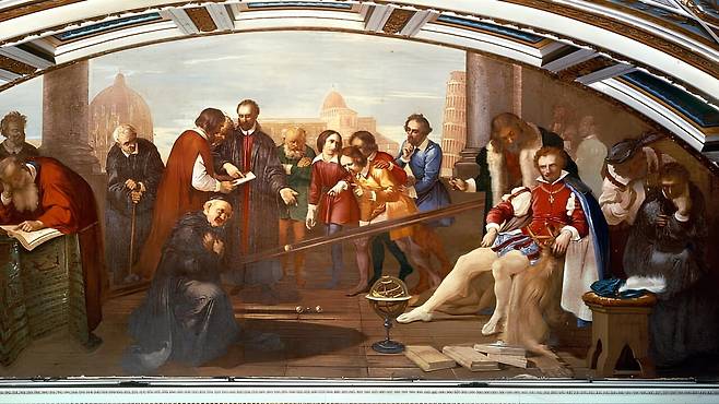 청동 구슬의 낙하운동 실험을 그린 그림에서 갈릴레이(검은색 코트)가 손으로 책을 가리키고 있다. ⓒ케플러 테크 랩