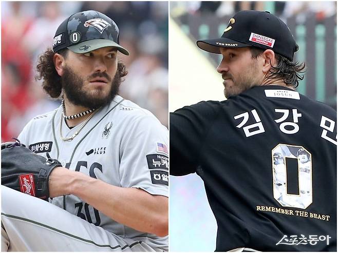 한화 외국인투수 코디 폰세(왼쪽)와 SSG 드류 앤더슨이 28일 인천SSG랜더스필드에서 선발 맞대결을 벌이고 있다. 둘의 평균자책점 부문 선두 경쟁이 점입가경이다. 사진제공｜한화 이글스·SSG 랜더스