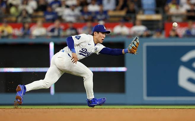 LA 다저스 김혜성이 올해 미국 메이저리그 정규시즌 경기에 출전해 수비에 임하고 있다. REUTERS 연합뉴스