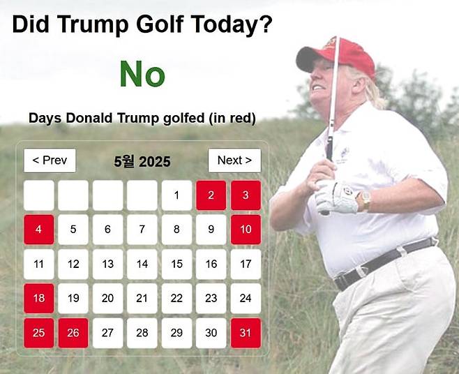도널드 트럼프 미국 대통령의 골프 일정을 추적하는 웹사이트 '디드 트럼프 골프 투데이' 화면. 이 웹사이트에 따르면 트럼프는 지난 1월 두 번째 임기를 시작한 뒤 나흘에 한 번꼴로 골프장을 찾았다. /디드 트럼프 골프 투데이
