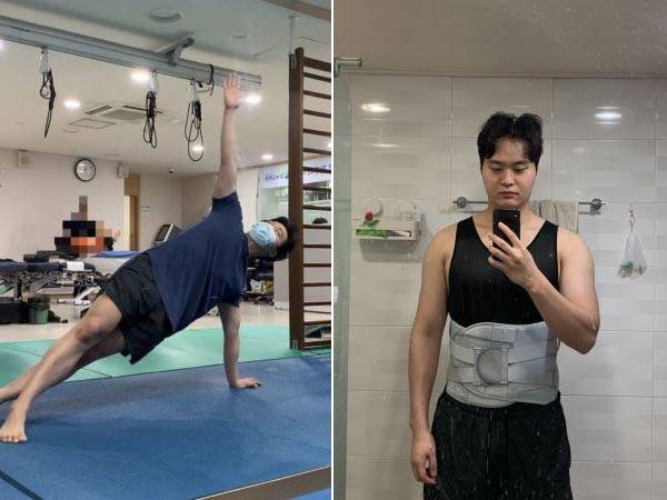 허리 재활 운동을 하는 김봉주씨(왼)와 복대를 찬 김봉주씨(오)./​사진=김봉주씨 제공