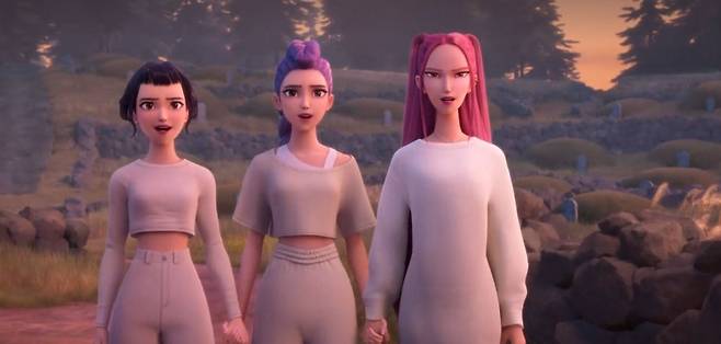 '헌트릭스'가 세상을 지키는 방패 역할을 부여 받는 장면. 배경으로 제주 돌담 모습이 그려졌다.(넷플릭스 캡쳐)