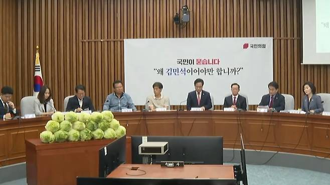 30일 국회에서 열린 김민석 국무총리 후보자 국민청문회. 앞에 배추가 쌓여 있다. (유튜브 캡처)