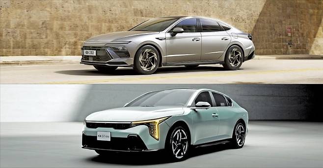 미국 고속도로 안전보험협회(IIHS)에서 최고 등급인 ‘톱 세이프티 픽 플러스(TSP+)’를 받은 현대자동차 쏘나타(위)와 기아 K4(아래). /현대차그룹 제공