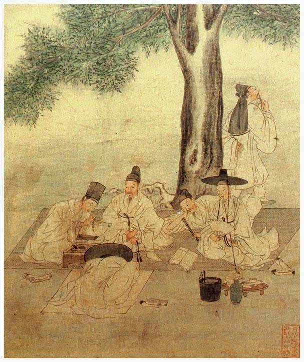 책을 보고 있는 선비를 묘사한 화가 강희언의 사인시음도.