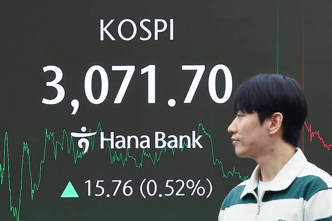 30일 서울 중구 하나은행 본점 딜링룸 현황판에 코스피가 표시돼 있다. [사진 = 연합뉴스]