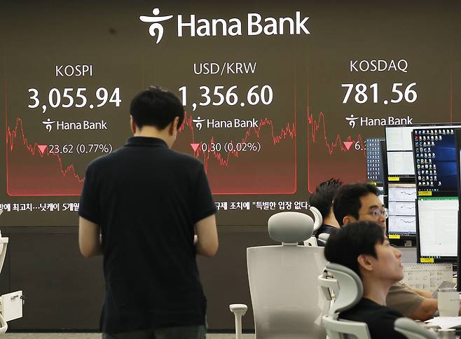 27일 오후 서울 중구 하나은행 본점 딜링룸 현황판에 코스피, 원/달러 환율, 코스닥 지수가 표시돼 있다.  [연합]