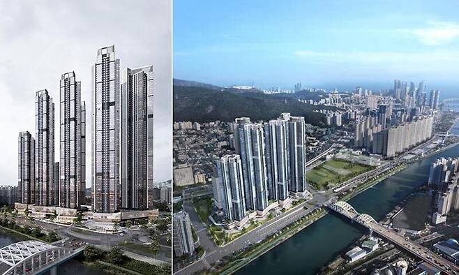 롯데건설이 다음달 11일 부산 해운대구 센텀시티에서 하이엔드 브랜드&nbsp;‘르엘 리버파크 센텀’을 오픈한다. 사진은 르엘 리버파크 센텀 정면 투시도(왼쪽)와 조감도.&nbsp;롯데건설 제공