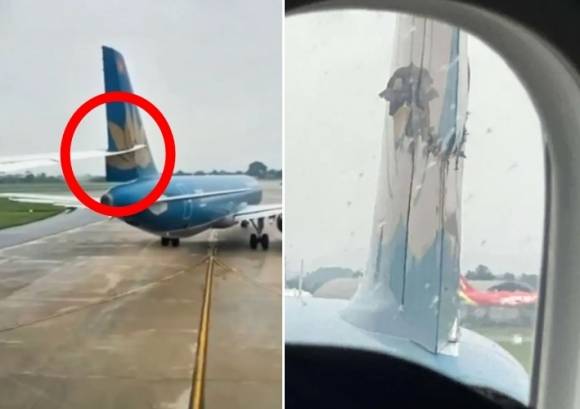 베트남 현지시간으로 27일 오후 2시쯤 하노이 노이바이 국제공항에서 베트남 항공 여객기가 자사의 다른 여객기와 충돌하며 동체가 훼손됐다. 사진은 꼬리 부분이 잘린 에어버스 항공기. 엑스 캡처