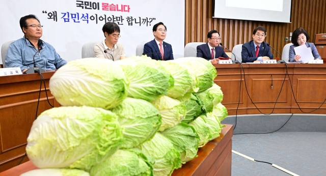 송언석(왼쪽 세 번째) 국민의힘 원내대표가 30일 서울 여의도 국회에서 포기배추를 쌓아둔 채 ‘김민석 국무총리 후보자 국민 청문회’를 열고 있다. 국민의힘은 김 후보자가 미국 유학 시절 매달 450만 원가량을 제공받았다는 의혹을 두고 ‘배추 농사 투자 수익 배당금’이라고 주장한 점을 쟁점화하고 있다. 오승현 기자