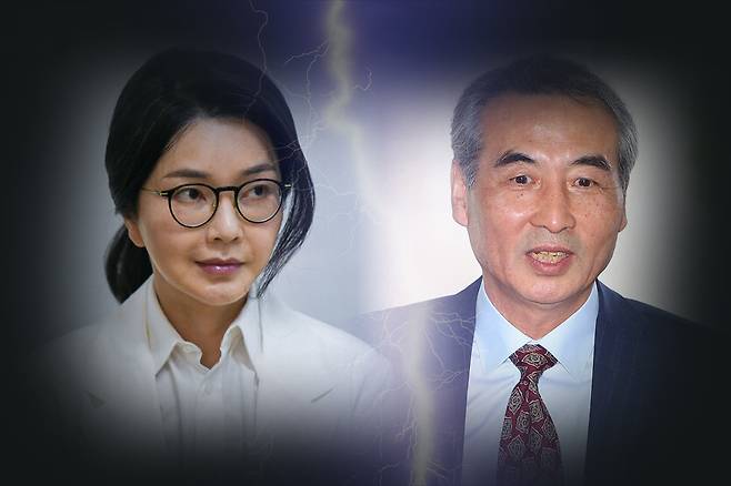 (왼쪽)김건희 여사의 특검 소환을 앞두고, (오른쪽)민중기 특검과의 치열한 수 싸움이 예상된다 ⓒ시사저널 양선영 디자이너·연합뉴스