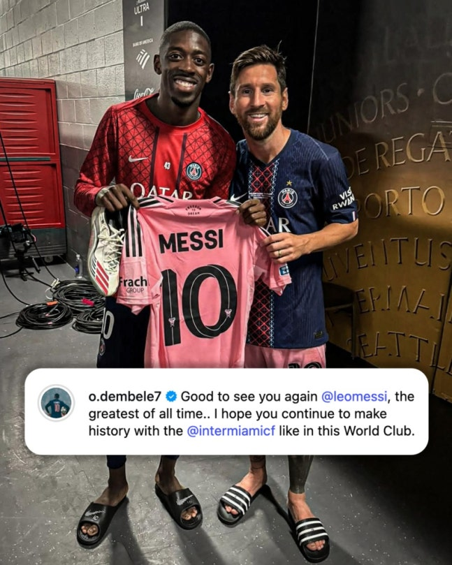 PSG 우스만 뎀벨레가 20일 클럽월드컵 인터 마이애미전 이후 메시와 유니폼을 교환하며 활짝 웃고 있다. ESPN