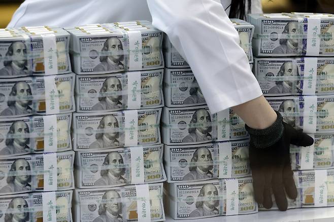 서울 중구 하나은행 위변조대응센터에서 직원이 달러를 정리하고 있다. [사진 | 뉴시스]