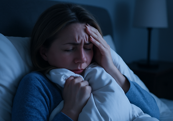 이불을 손에 꼭 쥔 채 인상을 쓰고 있는 여성