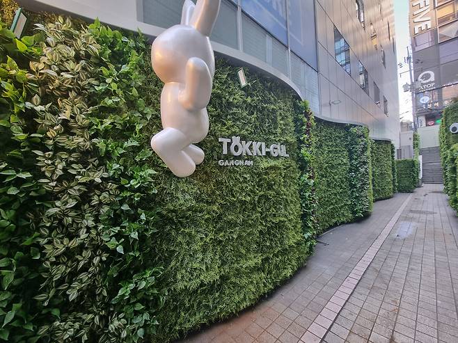 서울 강남구가 강남역 11번 출구 인근 과거 흡연자들이 몰리던 골목에 담배를 피우지 못하게 막고 조성한 '흰 토끼의 신비한 공간'. /강남구 제공