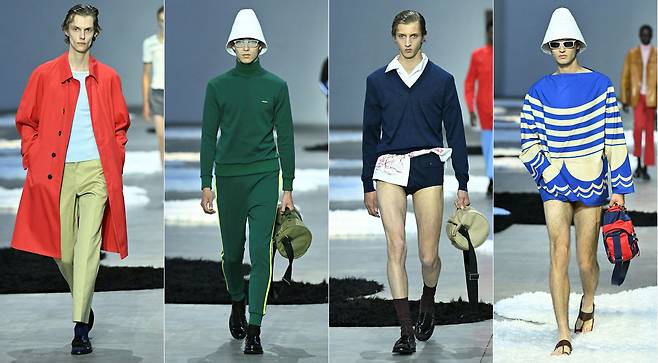 지난달 22일 열린 프라다쇼. 가장 왼쪽 사진 속 남성 모델이 인도의 전통 수제 가죽 신발인 '콜라푸리 차팔'과 비슷한 신발을 신고 있다./연합뉴스