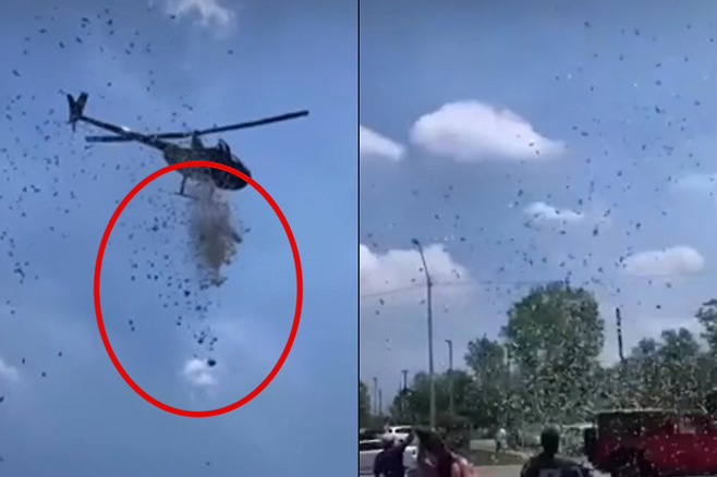 지난 27일(현지시간) 미국 미시간주 디트로이트의 한 거리 위를 지나던 헬리콥터가 현금과 장미 꽃잎을 뿌리는 모습. 사진=Crystal Perry 페이스북 캡처