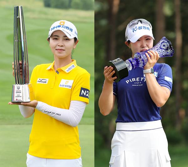 2025년 한국여자프로골프(KLPGA) 투어 제15회 롯데 오픈에 출전하는 이가영, 고지우 프로. 사진은 2024년 롯데 오픈에서 우승한 이가영, 2025년 맥콜·모나 용평 오픈에서 우승한 고지우 프로. 사진제공=KLPGA