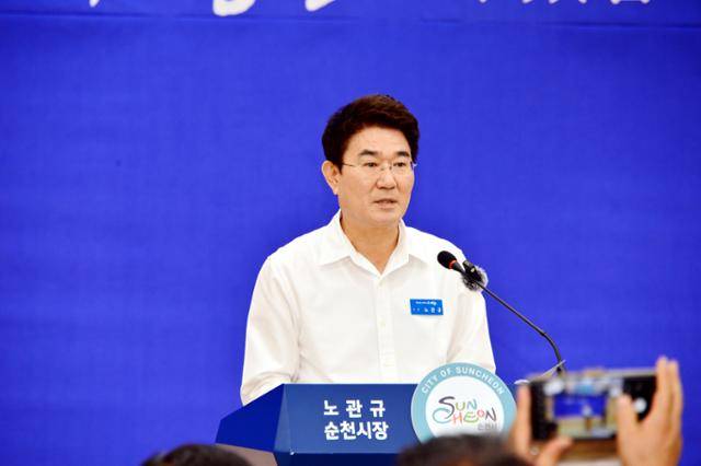 노관규 전남 순천시장이 1일 순천시청 대회의실에서 민선 8기 3주년 언론인 브리핑을 하고 있다. 뉴시스