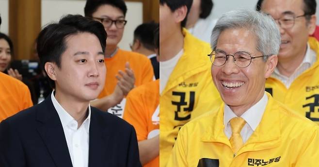 이준석 개혁신당 후보(사진 왼쪽)가 지난달 3일 방송 3사 출구조사 발표 뒤 국회 의원회관에 마련된 당 개표상황실에 도착한 뒤 소감을 밝히려 하고 있다. 같은 날 권영국 민주노동당 후보(오른쪽)가 서울 구로구 민주노동당 당사에서 출구조사 결과를 지켜보며 환하게 웃고 있다. 성동훈 기자/연합뉴스