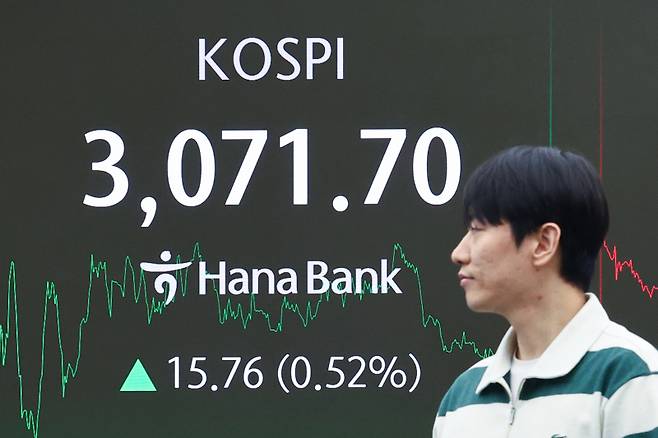 지난달 30일 서울 중구 하나은행 본점 딜링룸 현황판에 코스피가 표시돼 있다. 연합뉴스