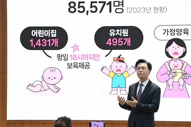 ▲지난해 4월 3일 김태흠 충남도지사가 도청 대회의실에서 ‘아이를 낳으면 성인이 될 때까지 책임지는 충남 : 충청남도 저출산 극복 대책’ 기자회견을 열고, ‘충남형 풀케어(Full Care) 돌봄정책’을 발표했다./사진제공=충남도