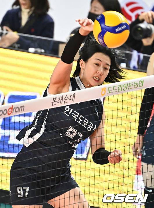 [OSEN=김천, 이석우 기자] 23일 김천실내체육관에서 도드람 2024-2025 V리그 여자부 한국도로공사와 페퍼저축은행의 경기가 열렸다. 2승 2패를 기록 중인 한국도로공사와 페퍼저축은행이 5라운드에서 맞대결을 펼친다.한국도로공사 강소휘가 블로킹을 뚫고 스파이크를 날리고 있다. 2025.02.23 / foto0307@osen.co.kr