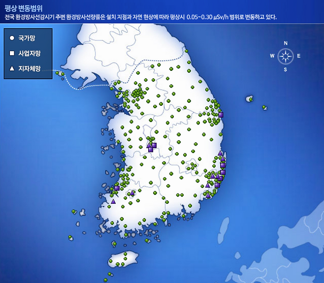 1일 국가환경방사선자동감시망 현황.&nbsp;국가환경방사선자동감시망 홈페이지 갈무리