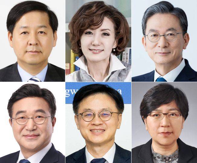 왼쪽 위부터 시계방향으로 구윤철 기획재정부 장관 후보자, 이진숙 교육부 장관 후보자, 정성호 법무부 장관 후보자. 정은경 보건복지부 장관 후보자, 김정관 산업통상자원부 장관 후보자, 윤호중 행정안전부 장관 후보자 ⓒ대통령실